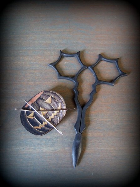 Spider Web Embroidery Scissors and Jack-o-Lantern with Top Hat Needle Minder by cheswickcompany